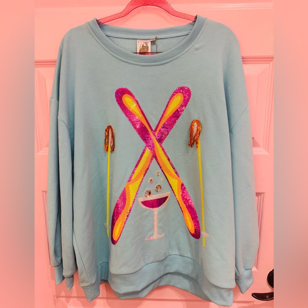 QUEEN OF SPARKLES agua rhinestone crossing ski and cocktail Top NWT Medium